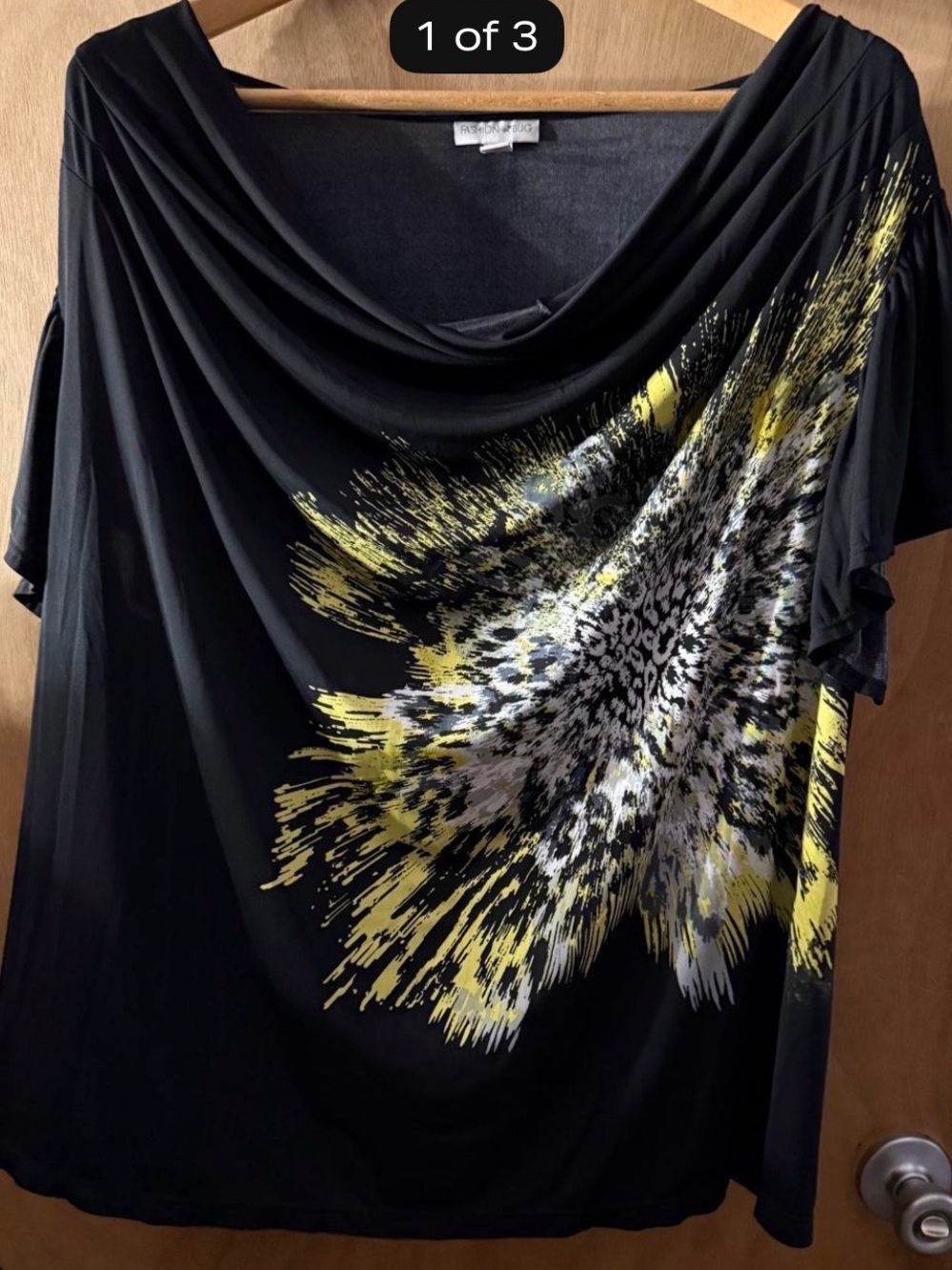 Fashion Bug Black Draped Cowl Top with Yellow & Gray Burst